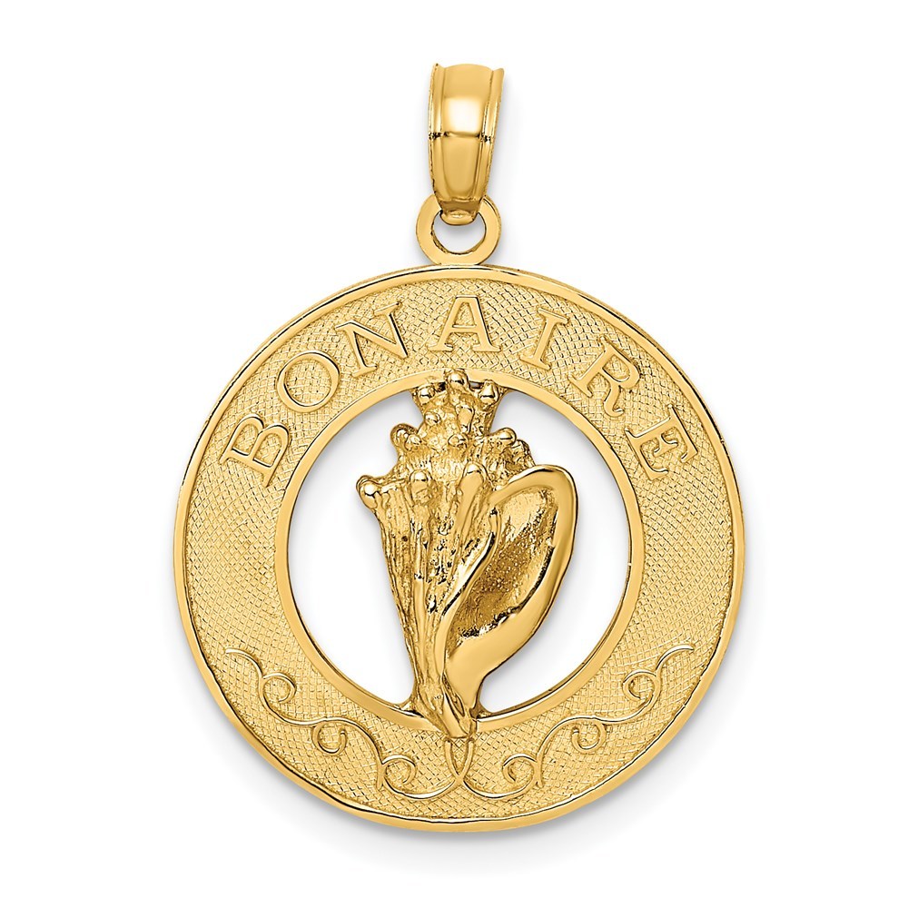 14k Yellow Gold Travel BONAIRE Circle w/ Conch Shell Necklace Charm Pendant